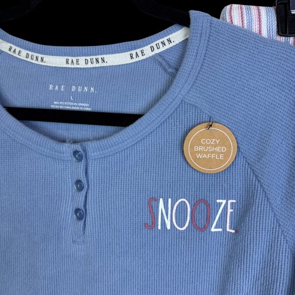 Large - RAE DUNN - Plush Waffle Knit Pajama Set Blue "Snooze" Stripes NEW - Picture 2 of 8